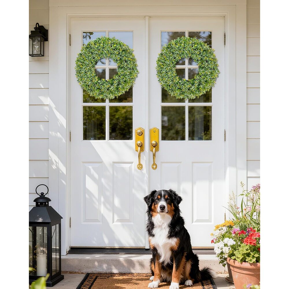 1269 19.5 inch Artificial Boxwood Wreath Front Door, Green Wreath - Picture 2 of 6